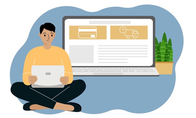 Online shopping concept. A man is sitting cross-legged with a laptop. Close-up of a laptop with an open website page. Vector flat illustration