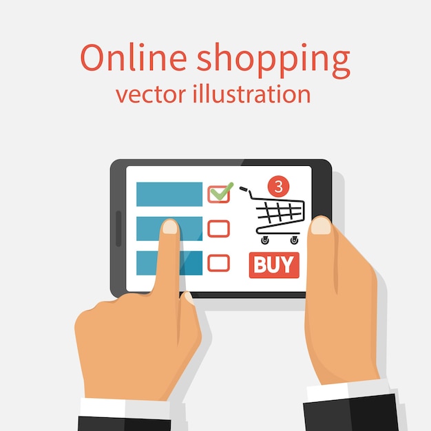 Online shopping concept Holding the tablet in hands internet shopping App for purchases on device