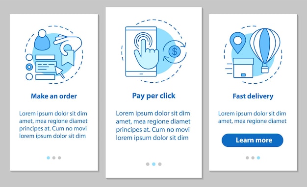 online shopping onboarding mobile app page screen with linear concepts. digital purchase. place an order, payment per click, fast delivery. steps graphic instructions. ux, ui, gui vector illustrations