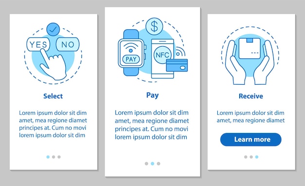 Online shopping onboarding mobile app page screen with linear concepts. Select, e-payment, receive parcel steps graphic instructions. UX, UI, GUI vector template with illustrations