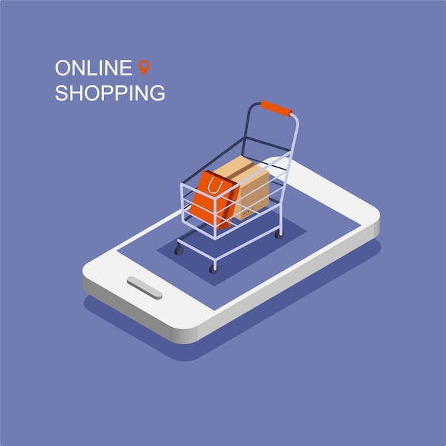 Online shopping. Shopping cart on a phone display in isometric projection. Stay home concept. Vector