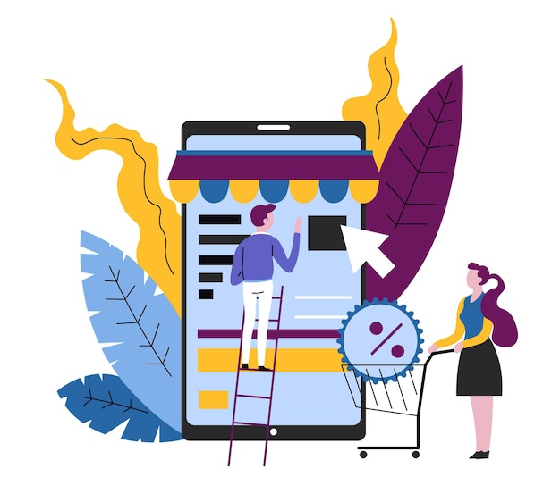 Online shopping smartphone app woman with supermarket cart or trolley vector sale or discount web payment e-commerce customer buying or purchasing goods sale customers and mobile gadget and device