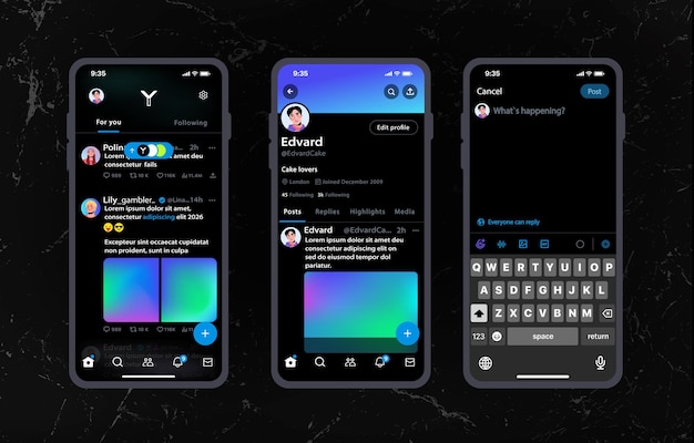 Online Social Media and Networking service Dark Mobile App for posting text images Mockup screen
