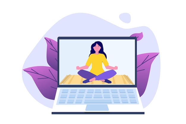 Online spor eğitimi, Yoga stüdyoları yayın konsepti. Evde egzersiz yapmak. Vektör illüstrasyonu