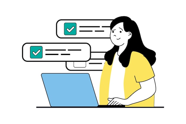 Online survey concept with people scene in flat web design Woman sharing her user experience and leaving feedback comments and review Vector illustration for social media banner marketing material