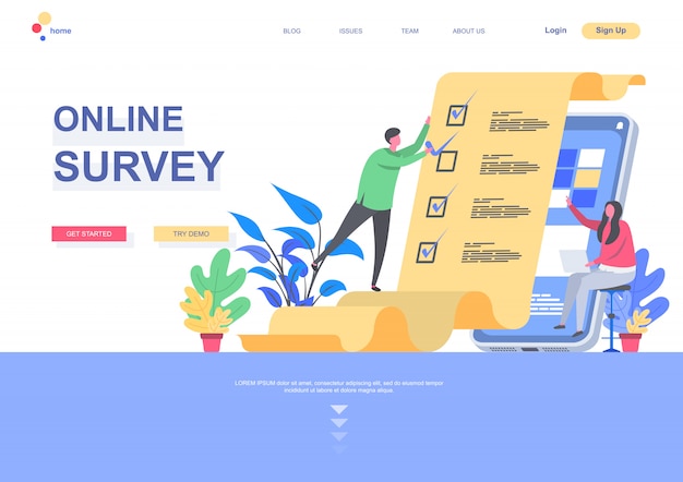 Online survey flat landing page template. Internet interview and voting service, man completing checklist situation. Web page with people characters. Mobile questionnaire illustration.