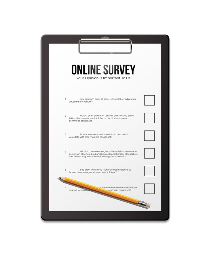 Vektör online survey realistic template, empty paper sheet with pencil.