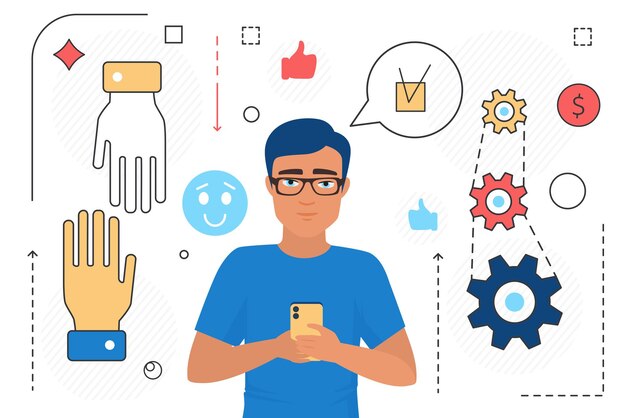 Online teamwork of business people partnership cooperation man holding mobile phone