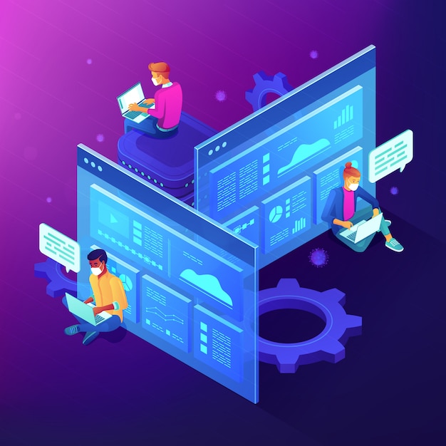 Online teamwork-samarbejde, abstrakt isometrisk koncept.