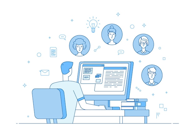 Online teamwork. Video conference, corporate internet communication. Man colleagues computer call. Family or friend chat, people distance communicate vector illustration. Communication online teamwork