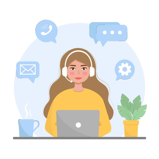 Online technical support vector illustration Woman with laptop with headphones and microphone
