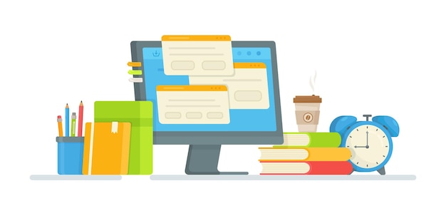 online test.   illustration of passing exams. doing your homework. distance learning. lessons on the computer.