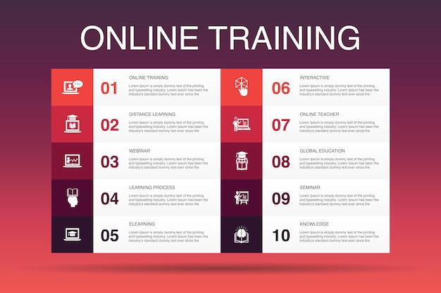 Online Training Infographic 10 option template.Distance Learning, learning process, elearning, seminar simple icons