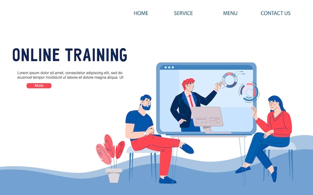 Online video training website banner with people studying remotely and taking part in web conference