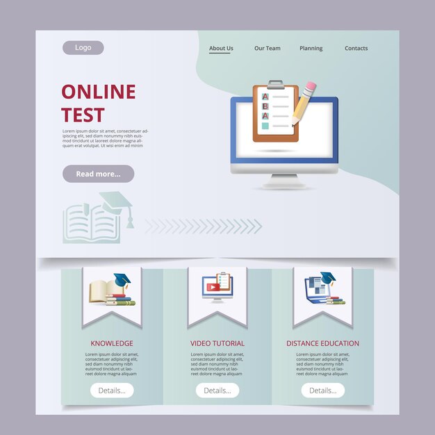 Onlinetest, platt landningssida, webbplatsmall, kunskap