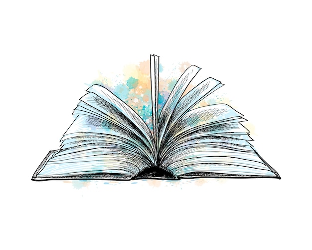 open book from a splash of watercolor, hand drawn sketch.  illustration of paints