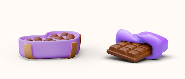Open box with round chocolates chocolate bar and unfolded wrapper