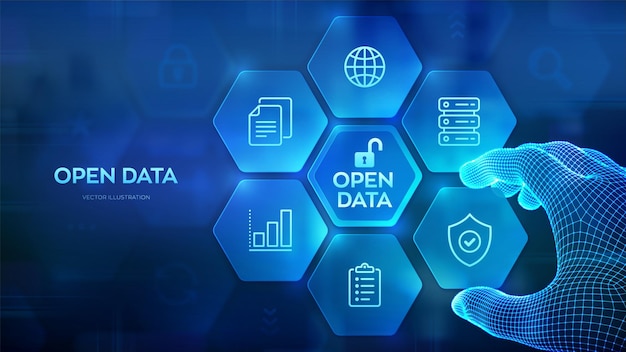 Open data database Digital file storage system software Online documentation database technology concept Integration API Wireframe hand places an element into a composition visualizing DMS Vector