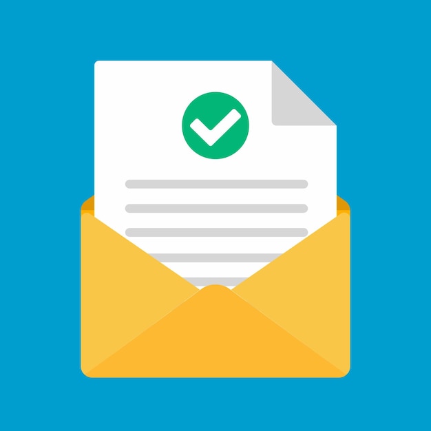 Open envelope with document paper sheet page check mark tick text icon sign vector illustration