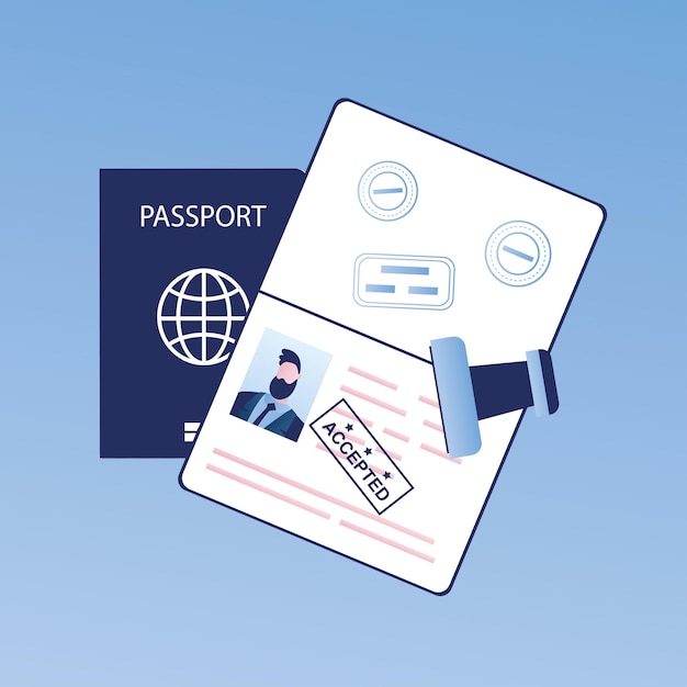 Open passport with stamp accepted visa approved crossing border concept vector illustration