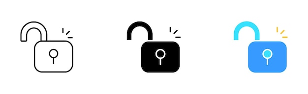 Opened lock set icon Password warning sign key synchronization sync phone unlock cursor security system Vector icon in line black and colorful style on white background