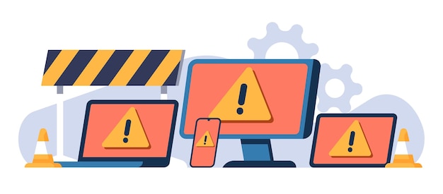 Operating system program error icon on different devices Warning symbols Broken software Computers and smartphones OS malfunction Web technology Unavailable website Vector concept