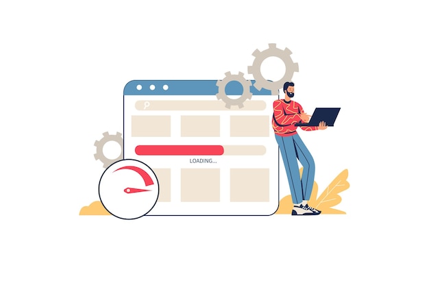 optimize website web concept. man designer setting up and testing site. programmer writes code and manages page in browser, minimal people scene. vector illustration in flat design for website