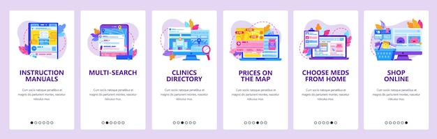 Order drugs in online pharmacy store Search clinic location on a map Mobile app onboarding screens Menu vector banner template for website and mobile development Web site design illustration