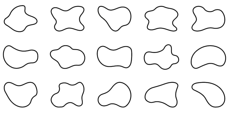 Vektor organic asymmetric blotch stain spot splodge black line collection free form abstract outline set