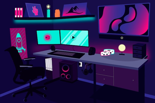 Organisk flad gamer-rum illustration