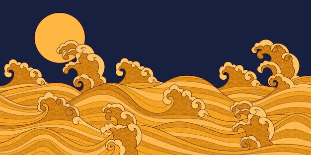 Oriental background with hand drawn sea waves with gold colors and flat texture