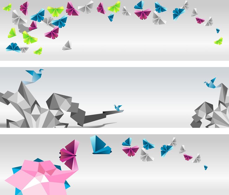 Vektör origami soyut afişler kağıt kelebekler ve kuşlar