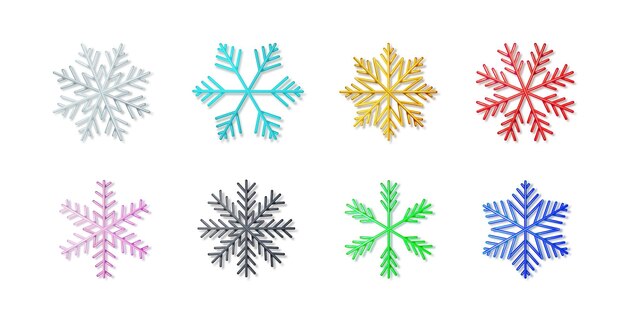Original colorful snowflakes shapes set isolated on white background Festival ornate decoration for christmass new year party celebration Silhouette of frozen ice flake icons Vector illustration