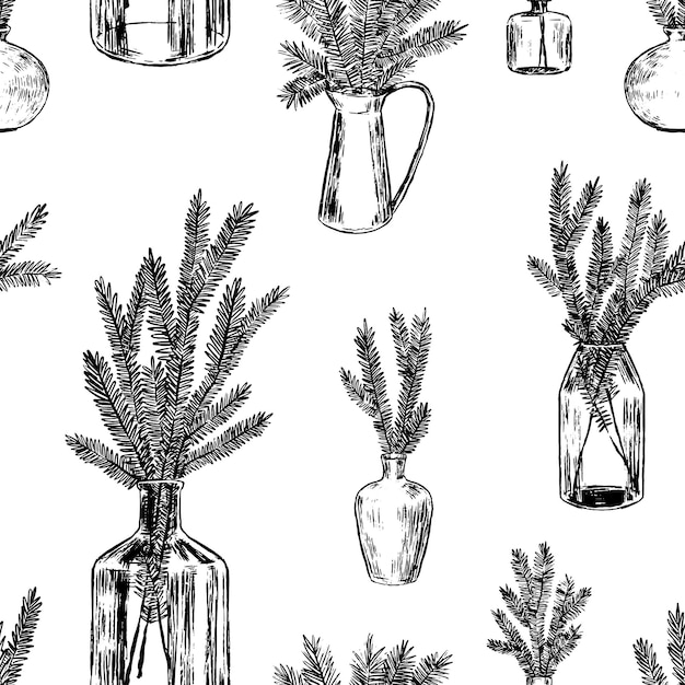Ornament af krukker med grantræ grene og kogler Juletræ kviste i vaser Abstrakt vektor sømløs mønster Retro stil design