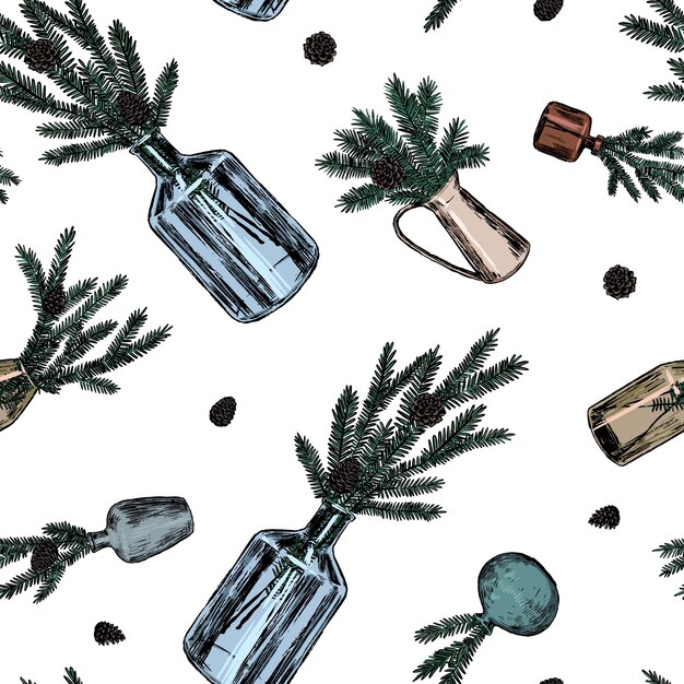 Ornament af krukker med grantræ grene og kogler Juletræ kviste i vaser Abstrakt vektor sømløs mønster Retro stil design