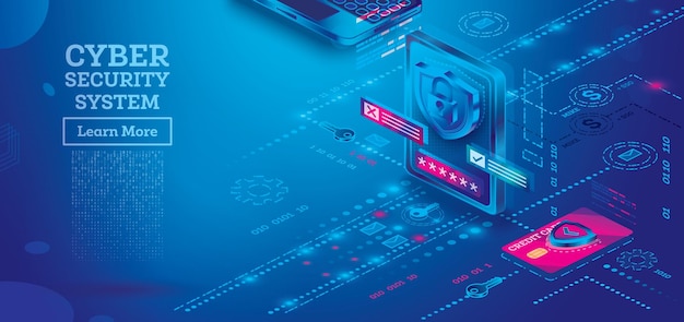 outline cyber security concept with tablet computer isometric illustration in blue colors data protection concept