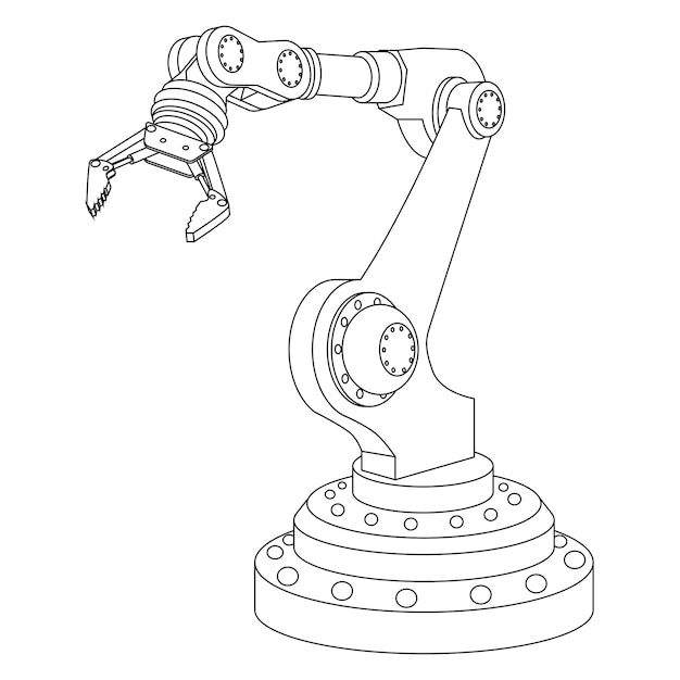 Outline mechanical robotic arm with gripper isolated on white Vector illustration