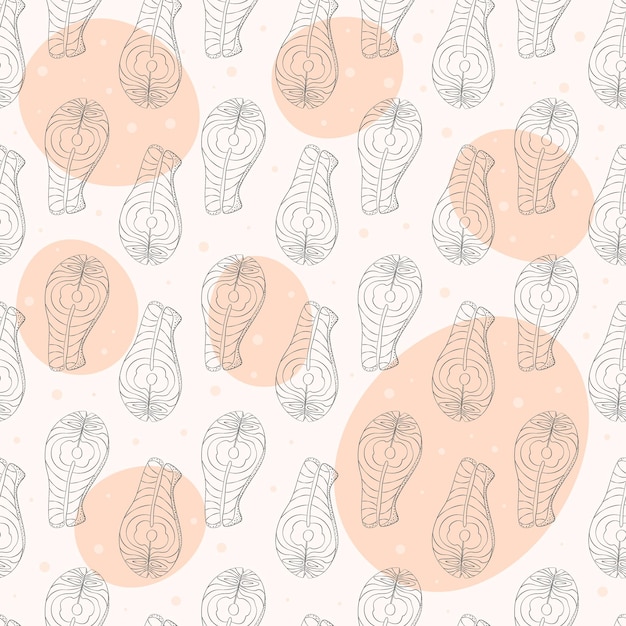 outline salmon steaks seamless pattern on trendy pale neutral backdrop with abstract spots and dots