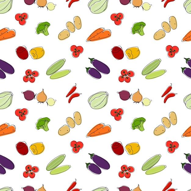 Outline vegetables seamless pattern with colored elements. Collection different types of vegetables