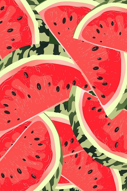Overhead of Layers of Fresh Sliced Red Watermelon Wedges with Seeds