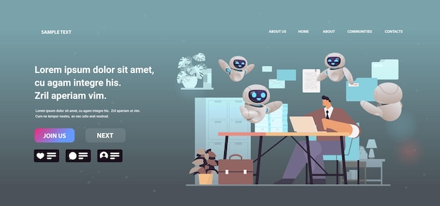 overworked businessman with robots using laptop at workplace busy business man working in office paperwork deadline concept horizontal full length copy space vector illustration
