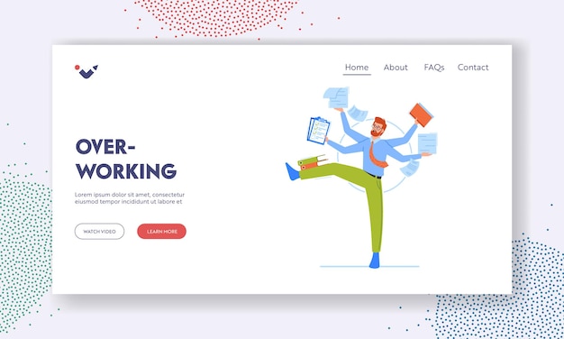 Overworking Landing Page Template Businessman with Many Hands Juggling with Office Supplies Productive Manager Work