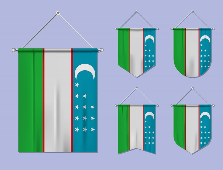 Vektör özbekistan asılı bayrakları tekstil dokusu ile ayarlayın. ulusal bayrak ülkesinin çeşitlilik şekilleri. dikey şablon flama.