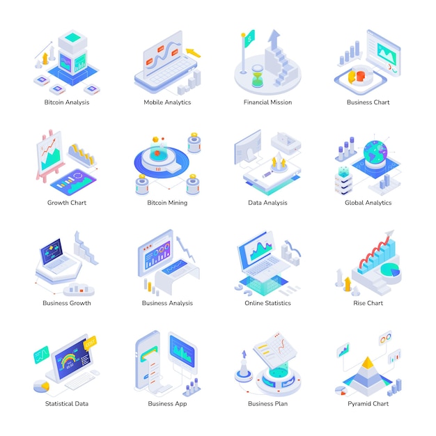 Pack of Data Infographics Isometric Style Icons
