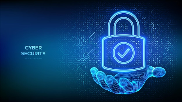 Padlock icon Cybersecurity Data protection Padlock with Check mark icon in wireframe hand Network safety Information privacy idea Circuit board pattern PCB printed circuit texture Vector