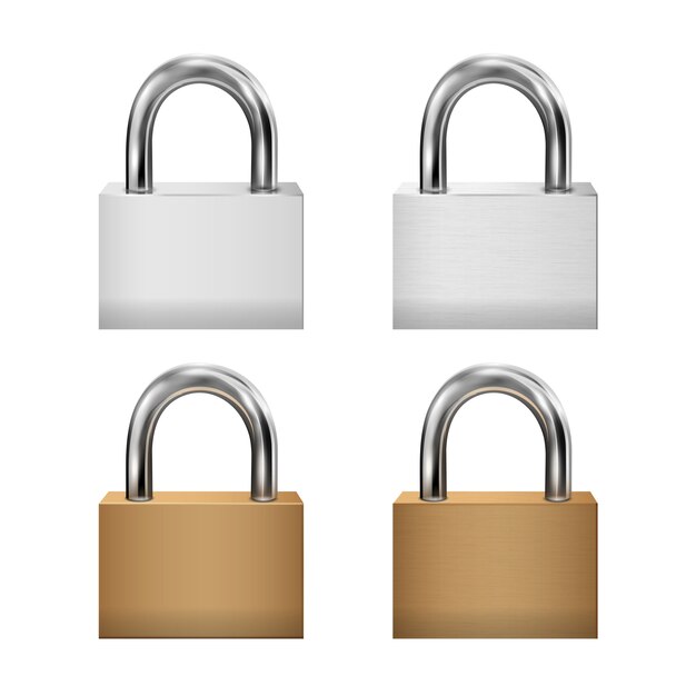 Padlock Icon Set, closed padlocks metal gold, silver,   3d realistic style