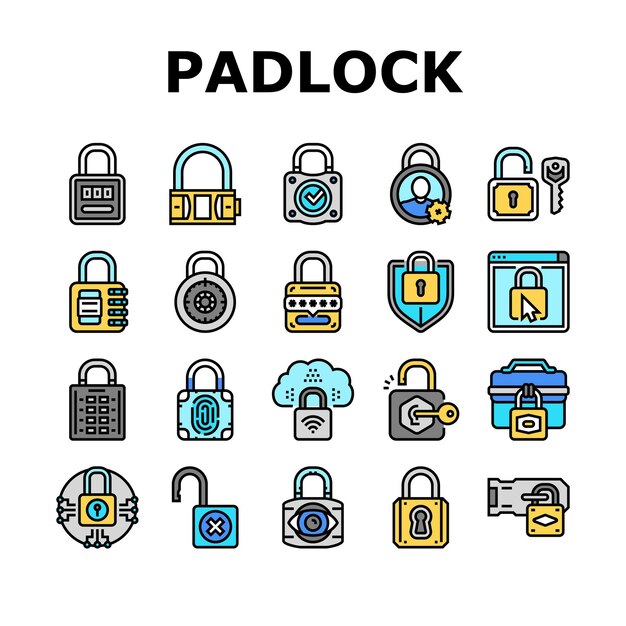 padlock lock safe password key icons set vector