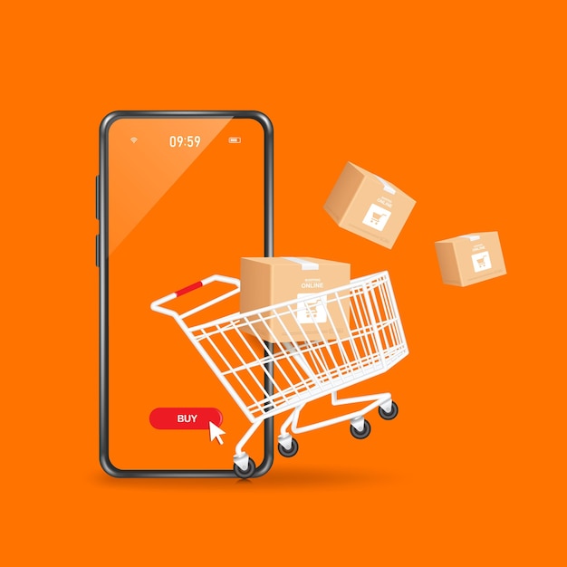 Pakkebokse i indkøbskurven og svævende i luften og alt ved siden af smartphonen og alle objekter på orange baggrund til online shopping koncept design 3d vektor til annoncedesign