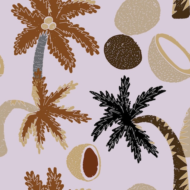 Palm trees and coconuts Vintage retro pattern with texture in linocut style vector