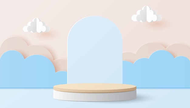 Paper art and digital craft style of wood cylinder podium with clouds for your products